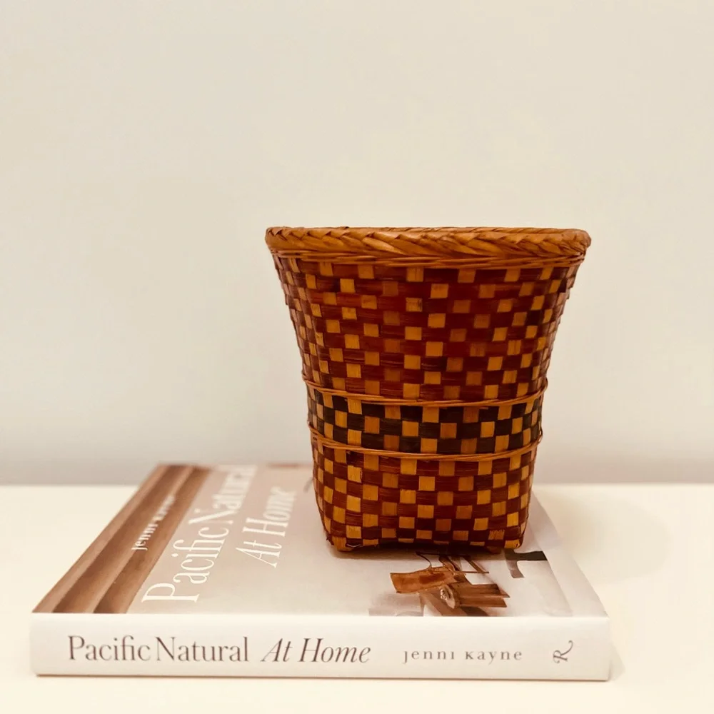 STUNNING PLANT HOLDER‎ CHECKERED WOVEN BOHO BASKET BROWN/TAN/BLACK EUC